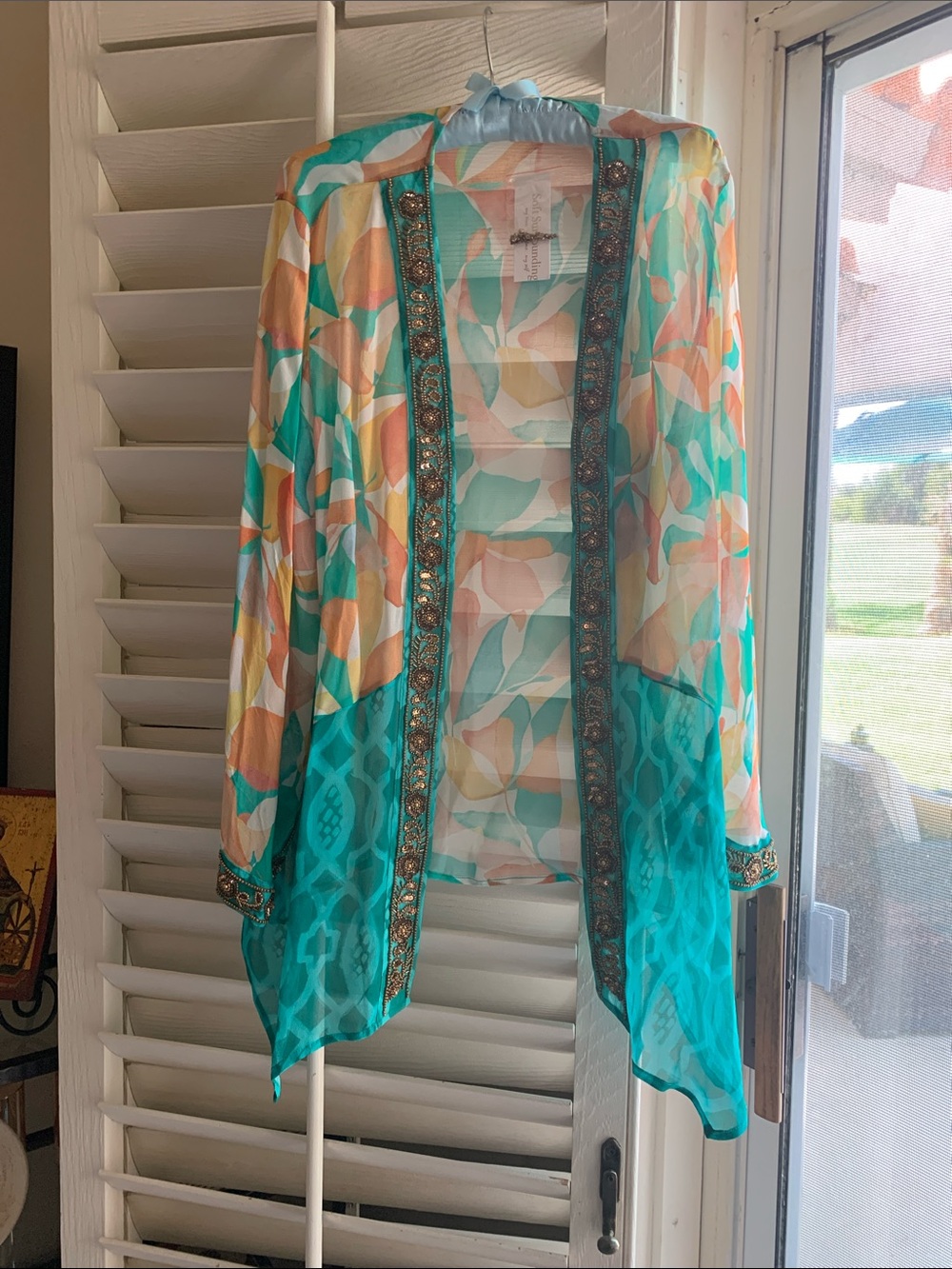 Soft Surroundings Teal Multi Sheer Embellished Open Front Jacket